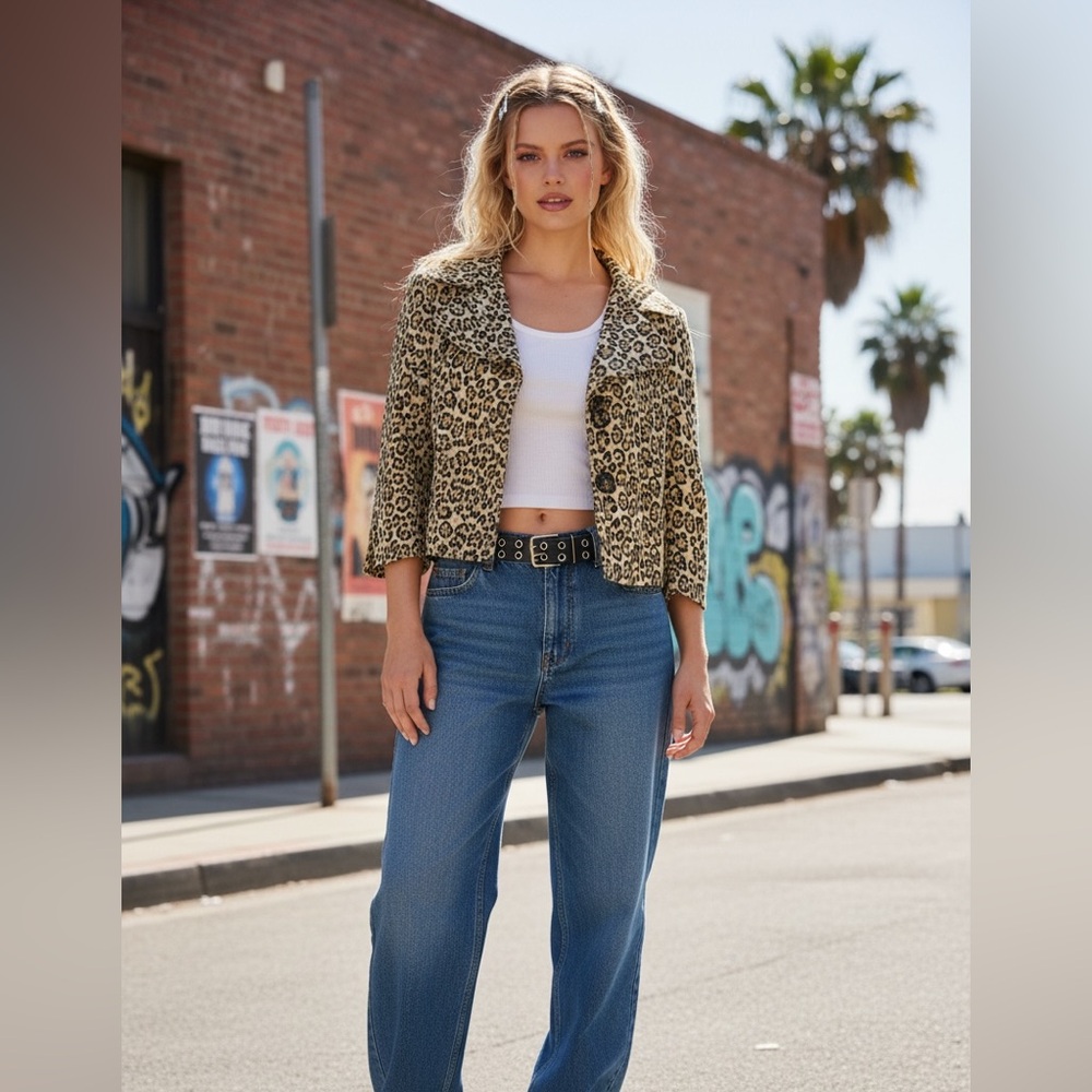 Vintage Y2K  Willi Smith Cropped Leopard Print Statement Denim Jacket